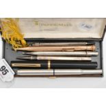 A BOX OF ASSORTED PENS AND PENCILS, to include a gold filled 'Ever Sharp' propelling pencil, a