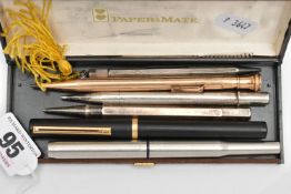 A BOX OF ASSORTED PENS AND PENCILS, to include a gold filled 'Ever Sharp' propelling pencil, a
