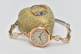AN EDWARDIAN 9CT GOLD CASE WATCH AND A SAPPHIRE AND DIAMOND RING, the watch with a 9ct gold watch