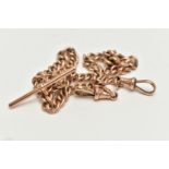 A 9CT GOLD ALBERT CHAIN, a rose gold curb link chain, fitted with two lobster clasps and a T-bar,