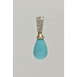 A 15CT GOLD PENDANT, designed as a light blue ceramic drop, fitted with a round brilliant cut