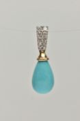 A 15CT GOLD PENDANT, designed as a light blue ceramic drop, fitted with a round brilliant cut