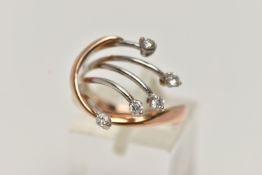 A BI-COLOUR DIAMOND DRESS RING, rose and white metal spray design set with five claw set round