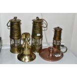 THREE BRASS MINER'S LAMPS, BELL AND COPPER CHAMBER STICK, comprising two Type 6 M&O safety lamps -