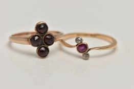 TWO GEM SET RINGS, the first an early 20th century ruby and diamond cross over ring, the central