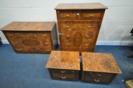 FOUR BURR WALNUT VENEERED ITALIAN BEDROOM CHESTS, including a tall chest of six drawers, width