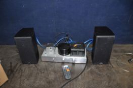 A FATMAN iTUBE RED-1 VALVE AMPLIFIER/iPOD DOCKING STATION with a pair of Fatman iRED speakers and