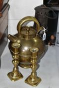 A GROUP OF BRASS AND OTHER ITEMS, to include a brass 'The Kabyle' kettle by B.Perkins & Sons, a
