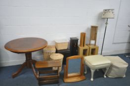 A SELECTION OF OCCASIONAL FURNITURE, to include a dressing stool, swing mirror, oak magazine rack,