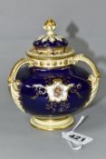 AN EARLY 20TH CENTURY COALPORT POT POURRI, blue, pale yellow and gilt ground, with domed pierced