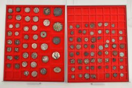 TWO LINDNER TRAYS CONTAINING ANCIENT SILVER AND BRONZE/COPPER COINS, to include lots of India