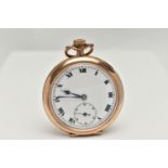 A GOLD PLATED OPEN FACE POCKET WATCH, hand wound movement, round white dial, Roman numerals,