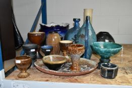 A COLLECTION OF STUDIO POTTERY, fifteen pieces including vases, goblets and bowls, many marked 'R