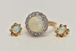 AN 18CT GOLD OPAL AND DIAMOND RING AND A PAIR OF OPAL EARRINGS, the ring of a circular form, set
