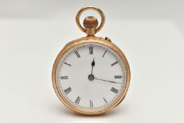 AN EARLY 20TH CENTURY, 18CT GOLD OPEN FACE POCKET WATCH, manual wind, round white dial, Roman