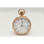 AN EARLY 20TH CENTURY, 18CT GOLD OPEN FACE POCKET WATCH, manual wind, round white dial, Roman