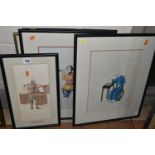 FOUR ORIENTAL WATERCOLOUR PAINTINGS DEPICTING MALE AND FEMALE FIGURES, comprising Takashi