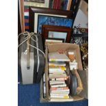 THREE BOXES AND LOOSE PICTURES, REEL TO REEL TAPE RECORDER, BOOKMARKS, ETC, to include a Philips