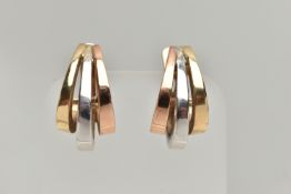 A PAIR OF 18CT TRI-COLOUR GOLD HOOP EARRINGS, rose, yellow and white gold hoops, fitted with posts
