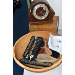 A COLLECTION OF TREEN AND SUNDRIES, to include a large wooden bowl, diameter 46cm x height 17cm, a