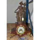 A FRENCH ROUGE MARBLE FIGURAL CLOCK, with pendulum and key, height 46cm, bell striking (1) (