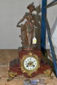 A FRENCH ROUGE MARBLE FIGURAL CLOCK, with pendulum and key, height 46cm, bell striking (1) (