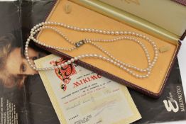 A CASED SET OF 'MIKIMOTO' CULTURED PEARLS, a double strand of graduated pearls, approximate