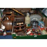 TWO BOXES AND LOOSE TREEN, METALWARE, RESIN BUSTS, ETC, including a Davenports 'Beer At Home' crate,