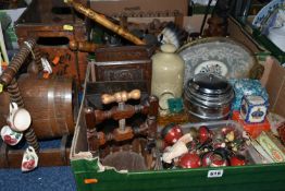 TWO BOXES AND LOOSE TREEN, METALWARE, RESIN BUSTS, ETC, including a Davenports 'Beer At Home' crate,