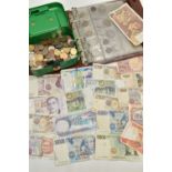 A CARBOARD TRAY CONTAINING AMOUNTS OF COINS SOME IN AN ALBUM OTHERS IN A SMALL STRONG BOX ETC