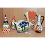 FIVE PIECES OF CLARICE CLIFF STYLE CERAMICS, to include an Old Ellgreave Pottery sugar caster signed