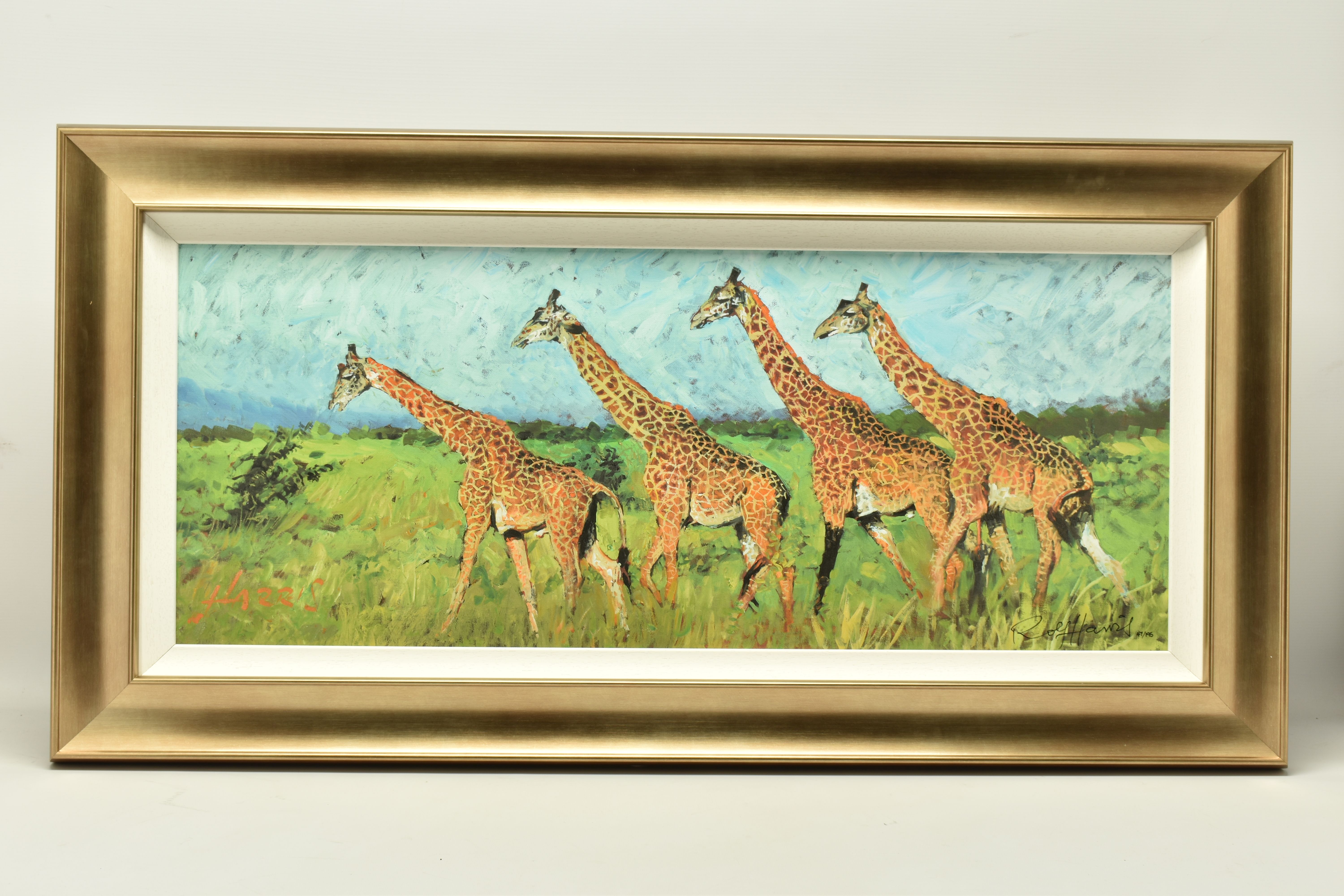 ROLF HARRIS (AUSTRALIAN 1930-2023) 'FOUR GIRAFFES' a limited edition print on board, 47/195 no