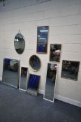 A SELECTION OF WALL MIRRORS, to include a modern mirrored frame wall mirror, oval wall mirror,
