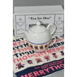 A BOXED ARTHUR WOOD 'TEA FOR ONE' TEAPOT, by Merrythought, together with a small linen '