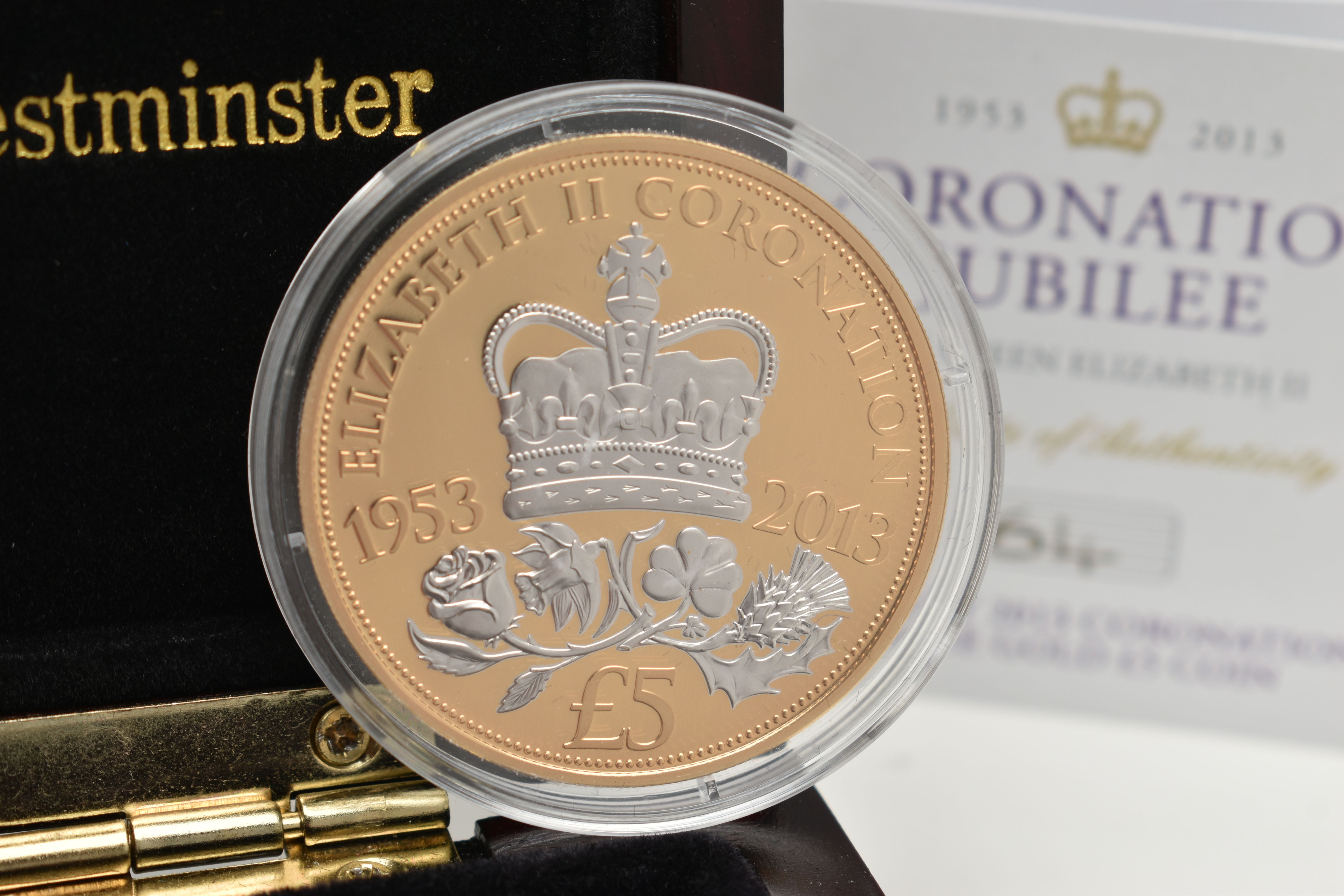 A BOXED THE JERSEY 2013 CORONATION JUBILEE GOLD FIVE POUND COIN, double portrait by David Cornell, - Image 2 of 2