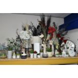 A LARGE QUANTITY OF FAUX FLOWERS, LAMPS AND MODERN WALL CLOCKS, comprising three table lamps,