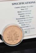 A 2018 ISLE OF MAN 65 YEAR SINCE QUEEN ELIZABETHS CORONATION gold 22ct Five Pounds 916 fine, 38.61mm