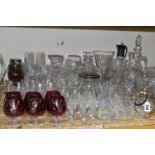 A QUANTITY OF CUT CRYSTAL AND COLOURED GLASSWARE, comprising a Royal Brierly perfume atomizer,