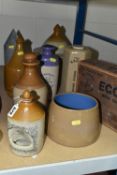 A GROUP OF CHICKEN FEEDERS, HOT WATER BOTTLES AND SUNDRY ITEMS, comprising a Doulton Lambeth