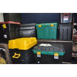 TWELVE PLASTIC TOTE BOXES with lids and one without, various sizes but largest three being length