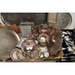 A BOX OF ASSORTED WHITE METAL WARE, to include a large oval tray with pierced rim, an 'Arthur Price'