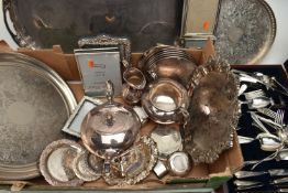 A BOX OF ASSORTED WHITE METAL WARE, to include a large oval tray with pierced rim, an 'Arthur Price'