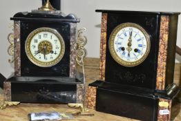 TWO BLACK SLATE AND MARBLE MANTEL CLOCKS, one having an ornate finial, foliate decoration, and black