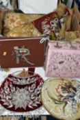 A BOX OF ASSORTED VICTORIAN TEXTILES, including a beaded cushion with floral and seashell