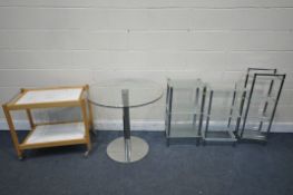 A SELECTION OF GLASS OCCASIONAL FURNITURE, to include a circular pedestal dining table, 80cm x