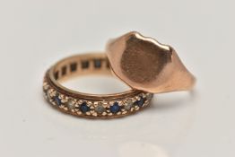 TWO 9CT GOLD RINGS, the first a rose gold shield form signet ring, hallmarked 9ct Birmingham 1911,