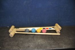 FOUR HICKORY CROQUET MALLETS four balls and a stake (9)