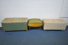 A MID-CENTURY SHERBOURNE SEWING BOX ON SPINDLE LEGS, along with a Lloyd loom ottoman and another