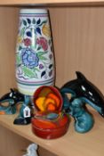 A COLLECTION OF POOLE POTTERY, comprising a tall vase painted with flowers, height 40cm, a Delphis