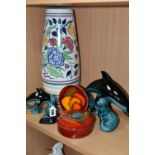 A COLLECTION OF POOLE POTTERY, comprising a tall vase painted with flowers, height 40cm, a Delphis